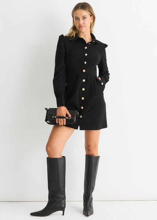 Black Corduroy Mini Shirt Dress