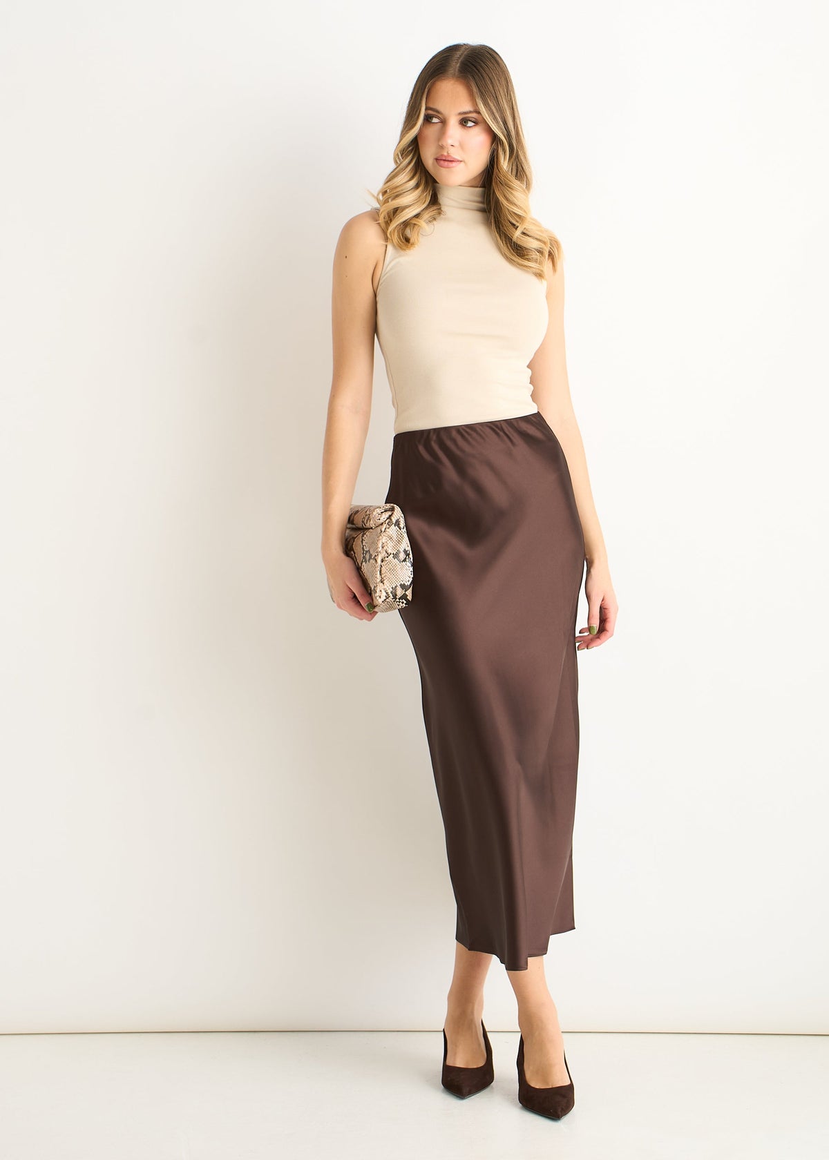 Chocolate Elastic Waist Satin Bias Cut Midi Skirt - UK 8 / US 4 / EU 36