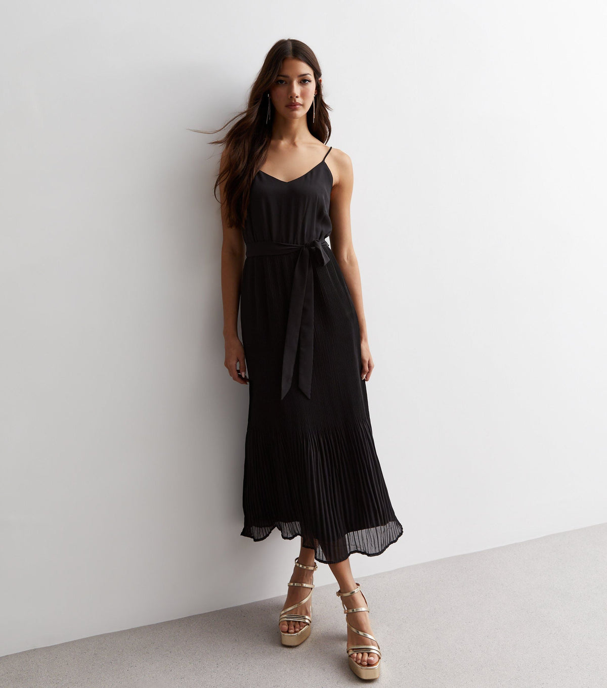 Black Cami Top Pleated Midi Dress - Black / UK 8 / US 4 / EU 36