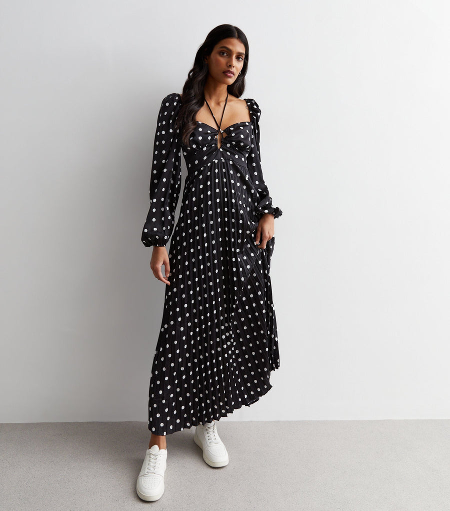 Black Polka Dot Pleated Cut Out Maxi Dress - UK 8 / US 4 / EU 36