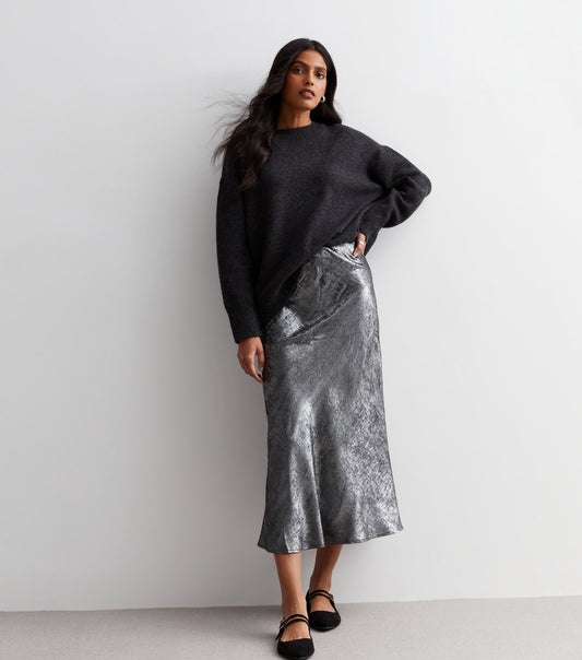 Silver Metallic Flare Midi Skirt - Silver / UK 8 / US 4 / EU 36