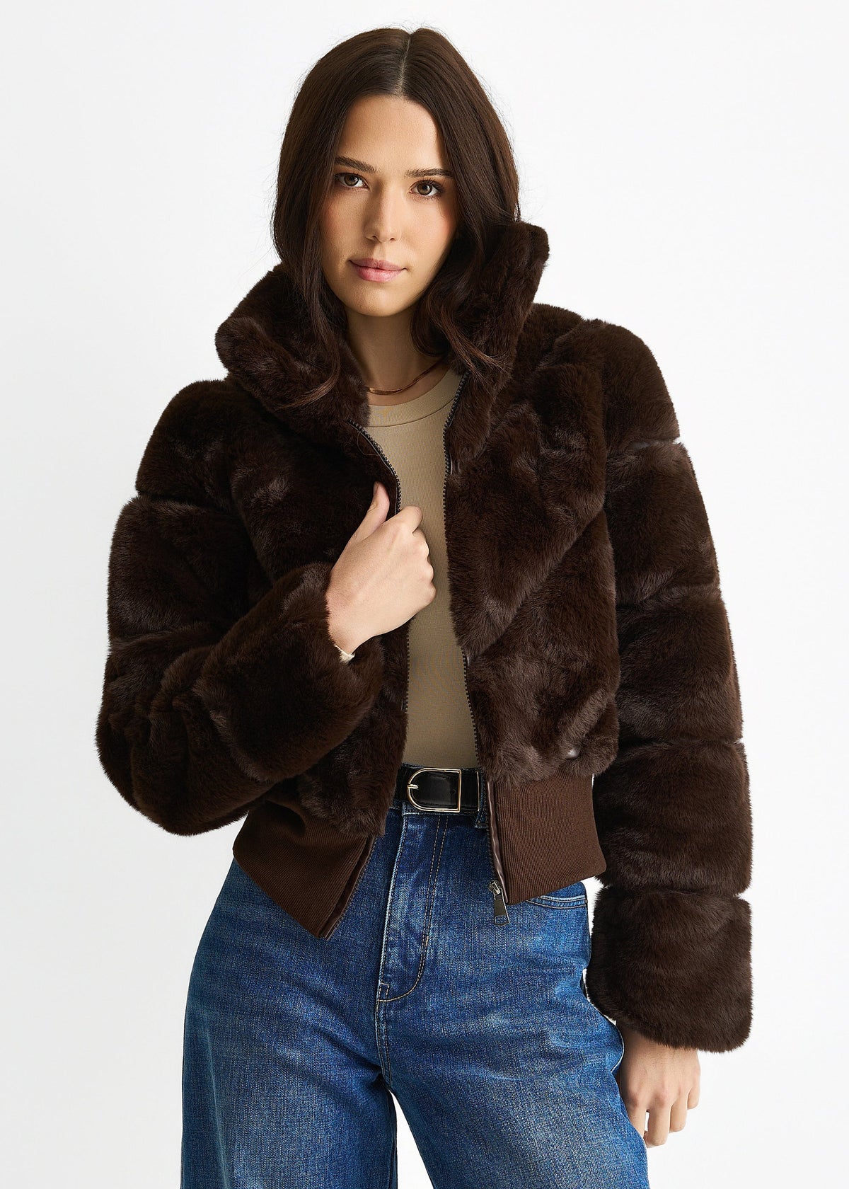 Chocolate Faux Fur Zip Front Short Jacket