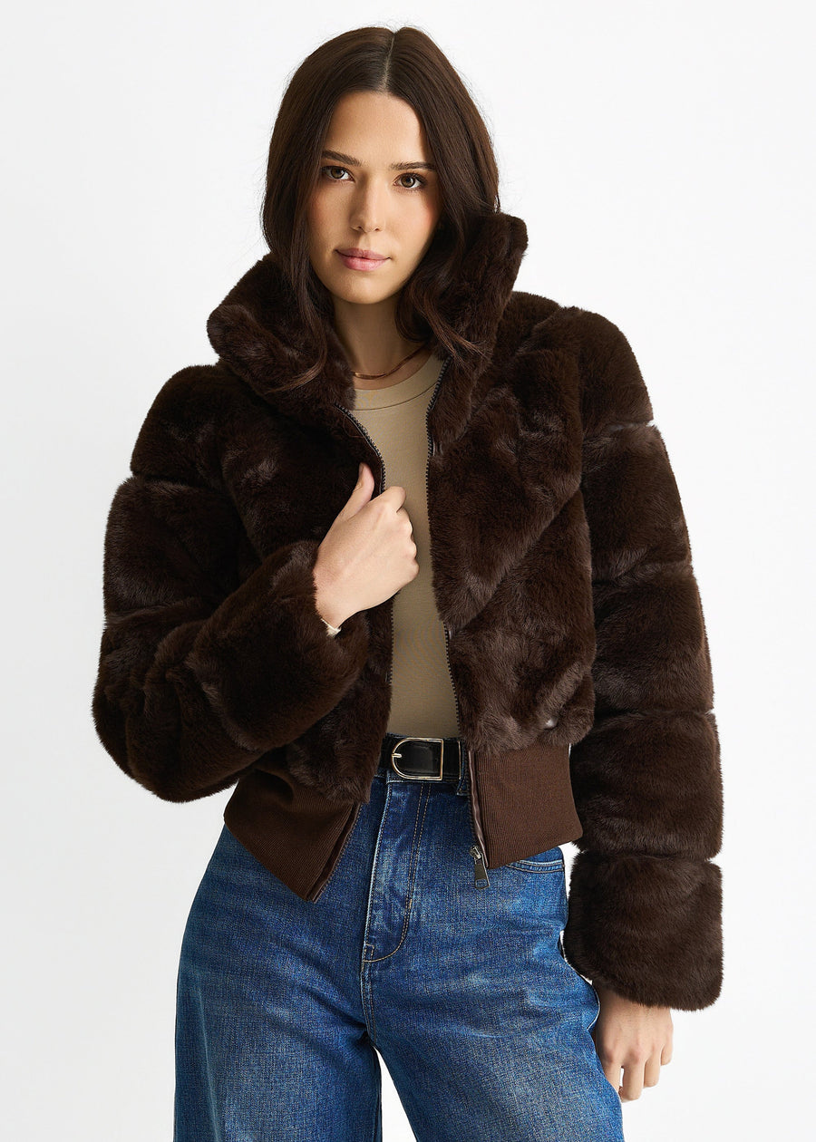 Chocolate Faux Fur Zip Front Short Jacket