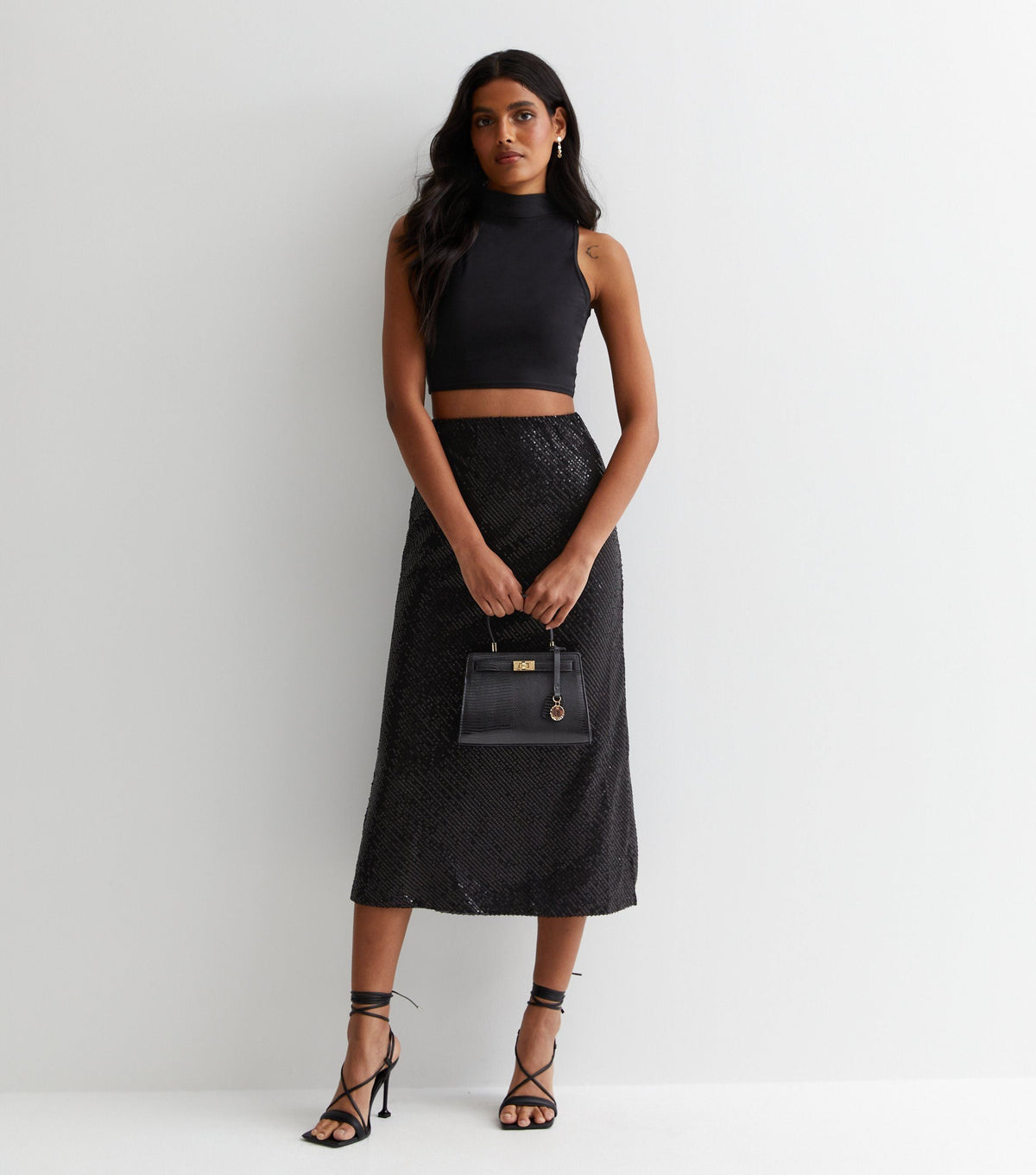 Black Sequin Bias Midi Skirt - UK 8 / US 4 / EU 36