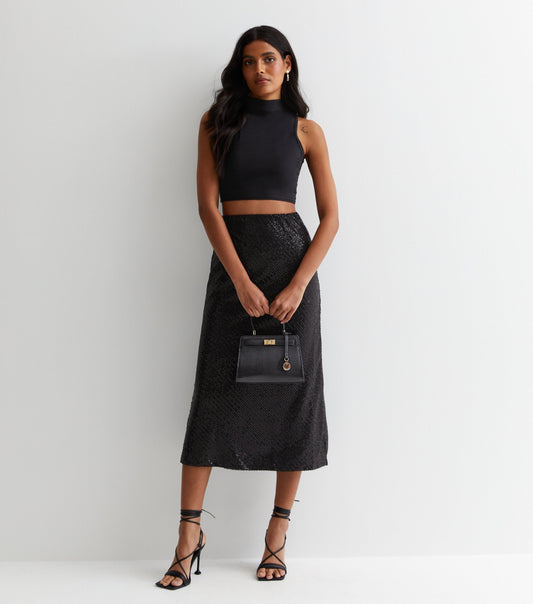 Black Sequin Bias Midi Skirt - UK 8 / US 4 / EU 36