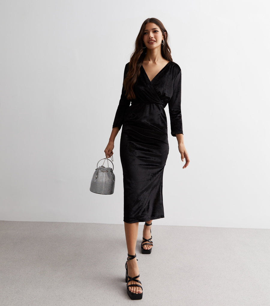 Black Velvet Wrap Top Midi Dress