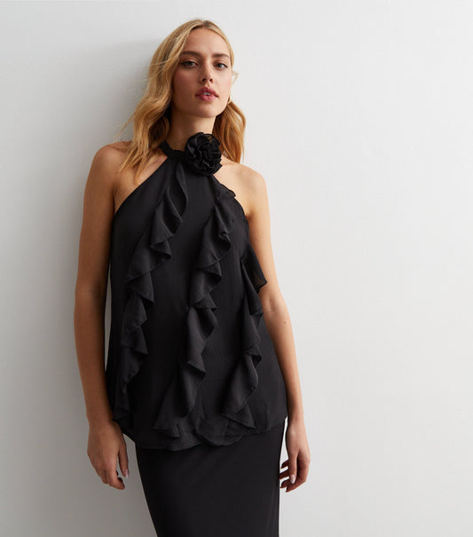 Black Ruffle Detail Halter Neck Top