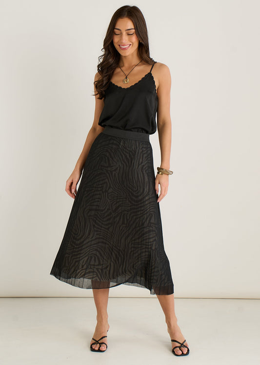 Black Animal Print Mesh Overlay Pleated Midi Skirt