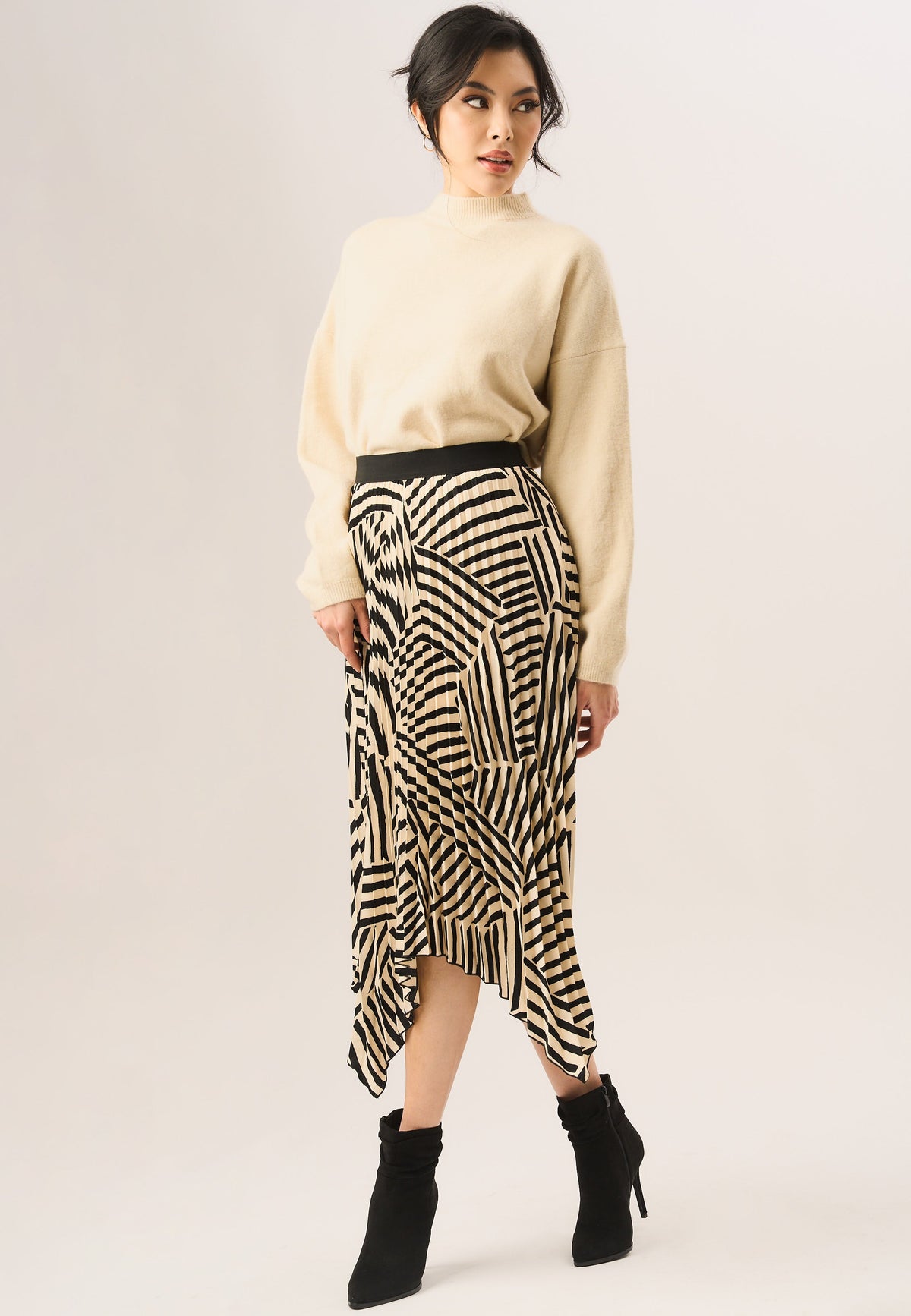 Beige Asymmetric Hem Pleated Midi Skirt - Beige / UK 8 / US 4 / EU 36
