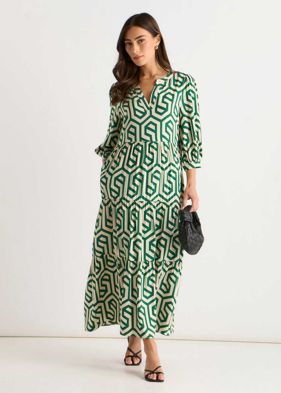 Green Geo Print Smock Midi Dress - UK 8 / US 4 / EU 36 / Green