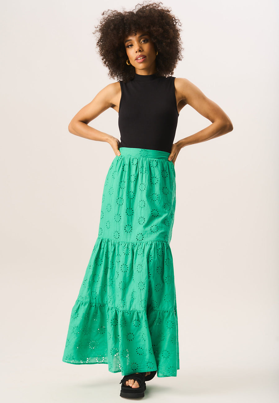 Green Tiered Lace Embroidered Long Skirt - Green / UK 8 / US 4 / EU 36