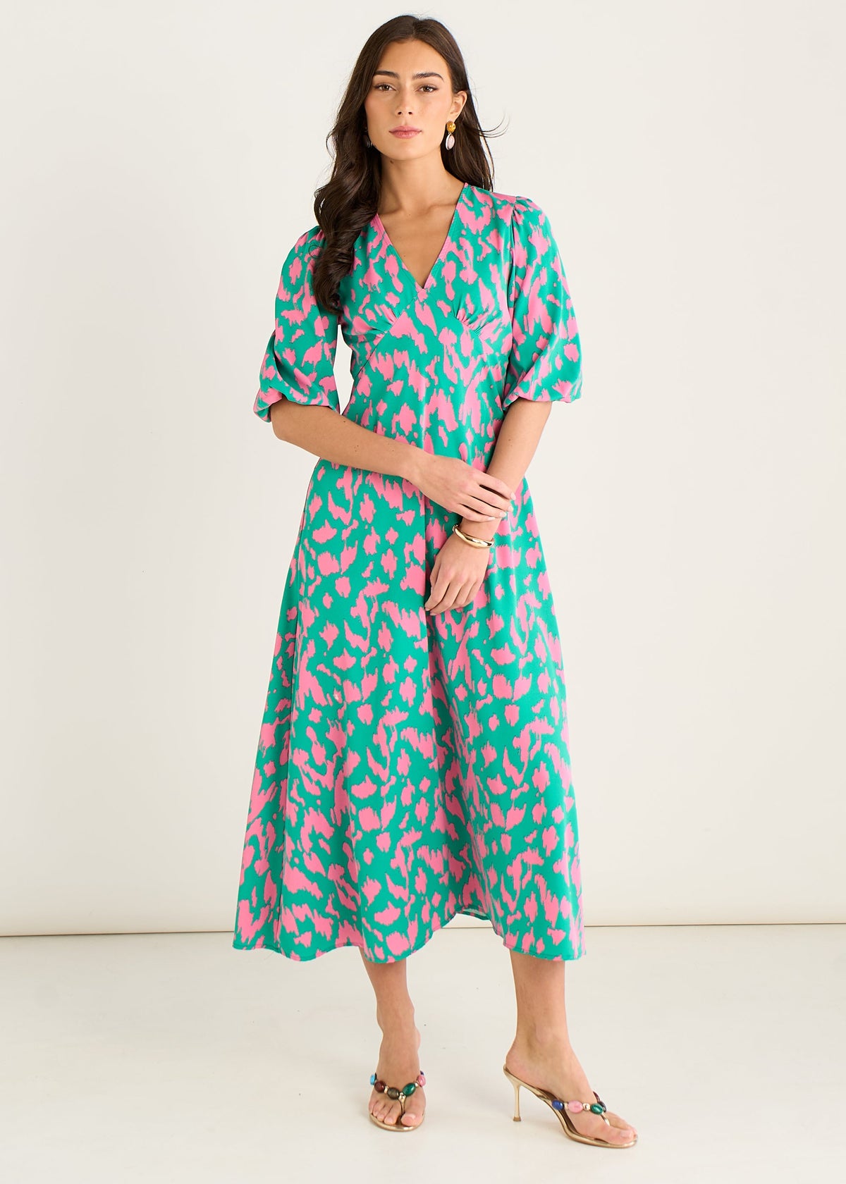 Green Animal Print V Neck Shift Midi Dress