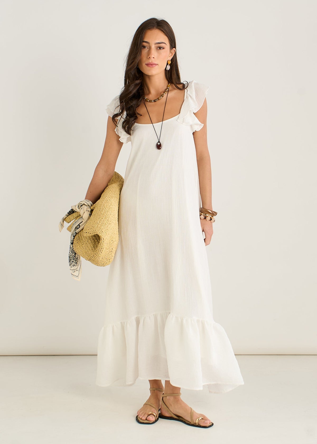 White Ruffle Short Sleeve Viscose Maxi Dress