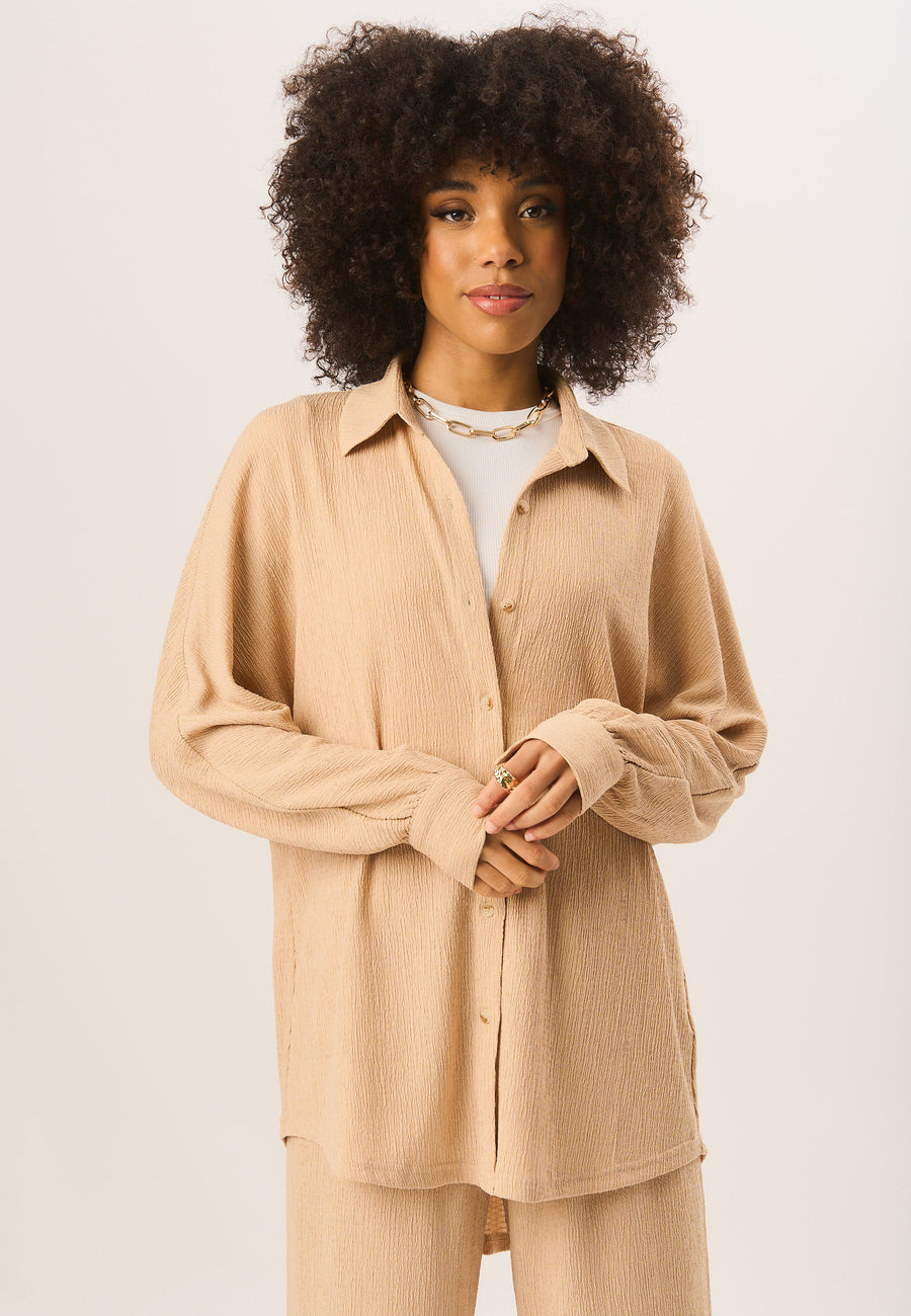 Camel Textured Oversize Fit Long Sleeves Shirt - S-M (UK 8-10/US 4-6/EU 36-38)