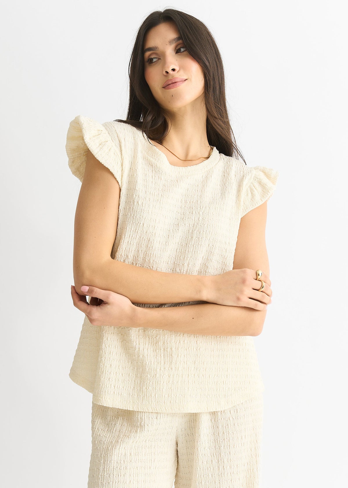 Ivory Frill Sleeves Textured Oversized Top - S-M (UK 8-10/US 4-6/EU 36-38)