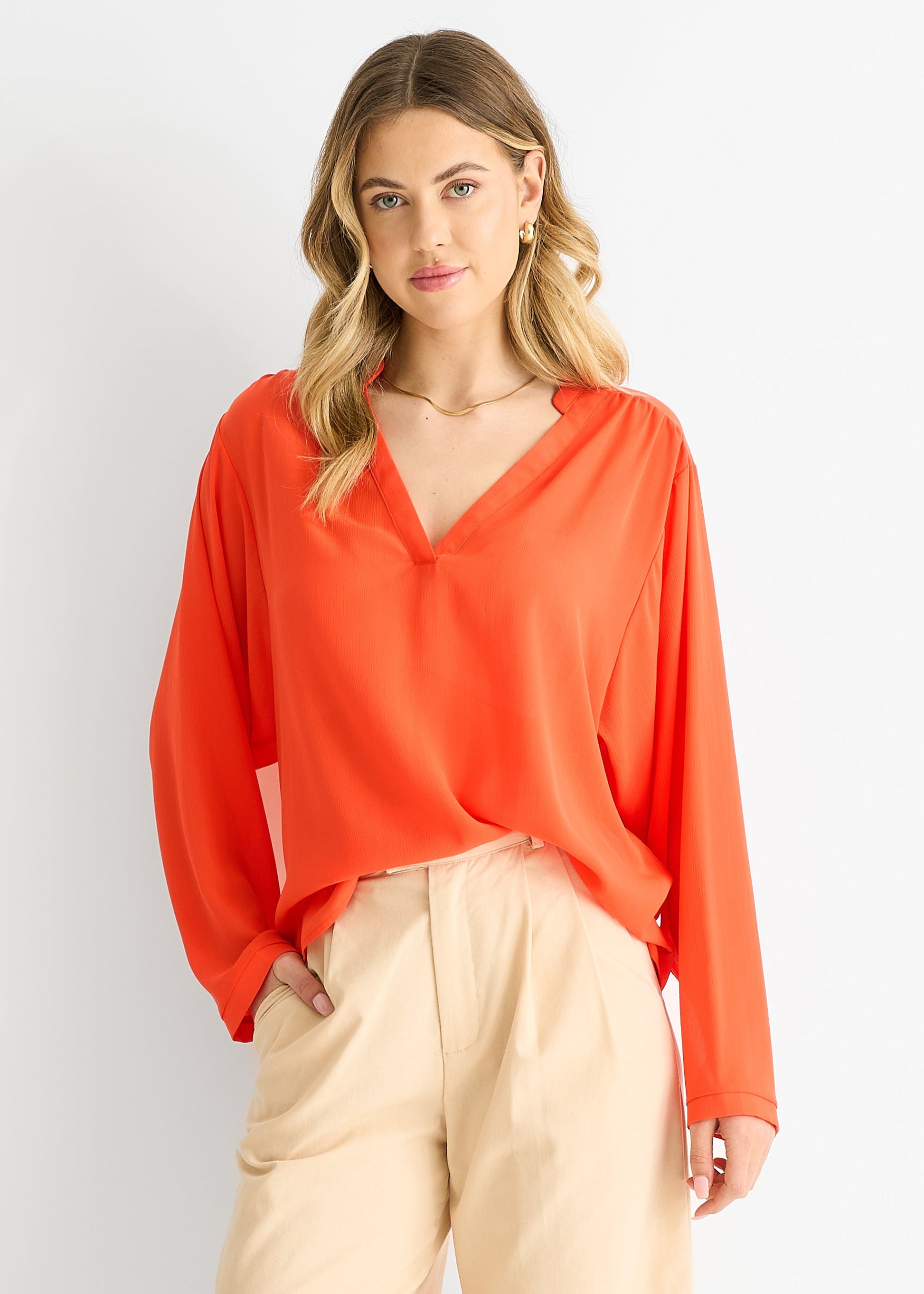 Orange Textured Chiffon Oversized Blouse