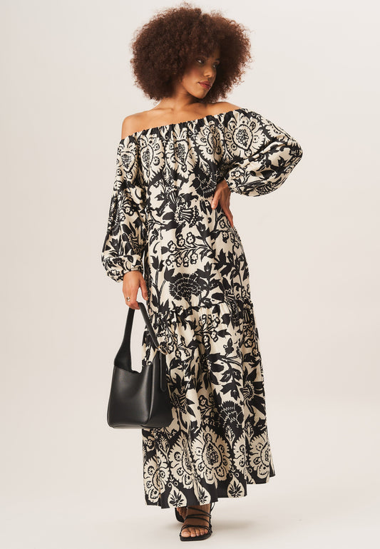 Mono Border Print Bardot Maxi Dress - Mono / UK 8 / US 4 / EU 36
