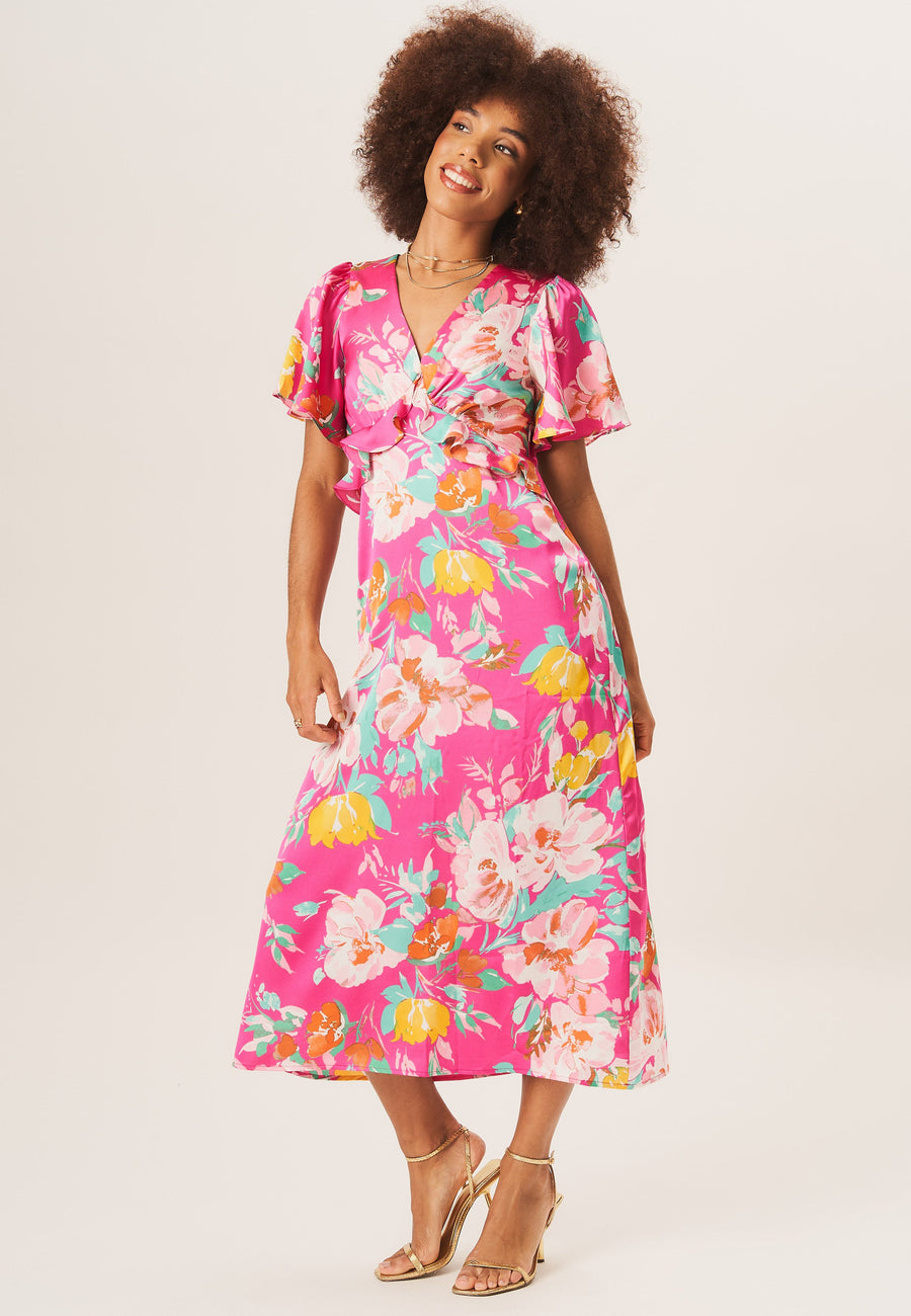 Pink Floral Print Angel Sleeves Midi Dress - UK 8 / US 4 / EU 36