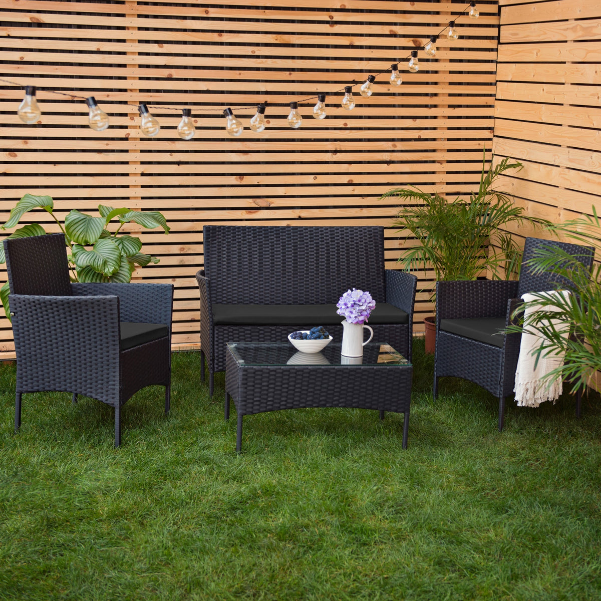 3-Piece Rattan Furniture Seat Cushions Water-Resistant Patio Sofa Pads for Outdoor Use - Black