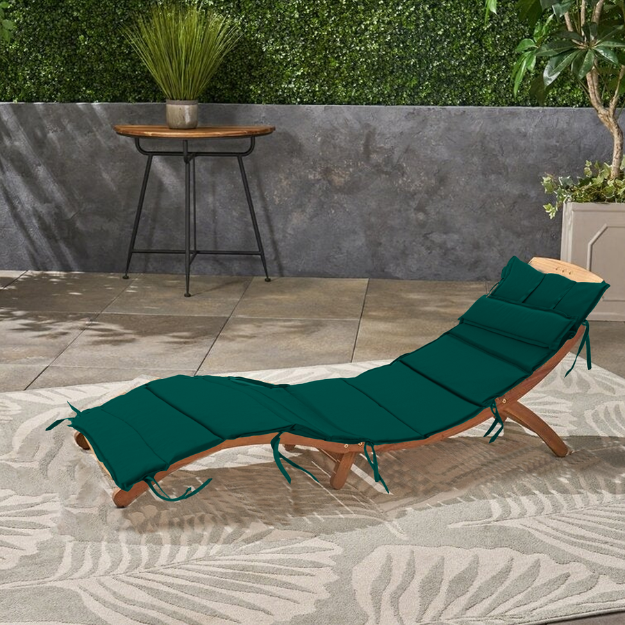 Foldable Acacia Wood Sun Lounger Cushion Outdoor Wooden Reclining Chair Pad with Headrest & Ties - Green
