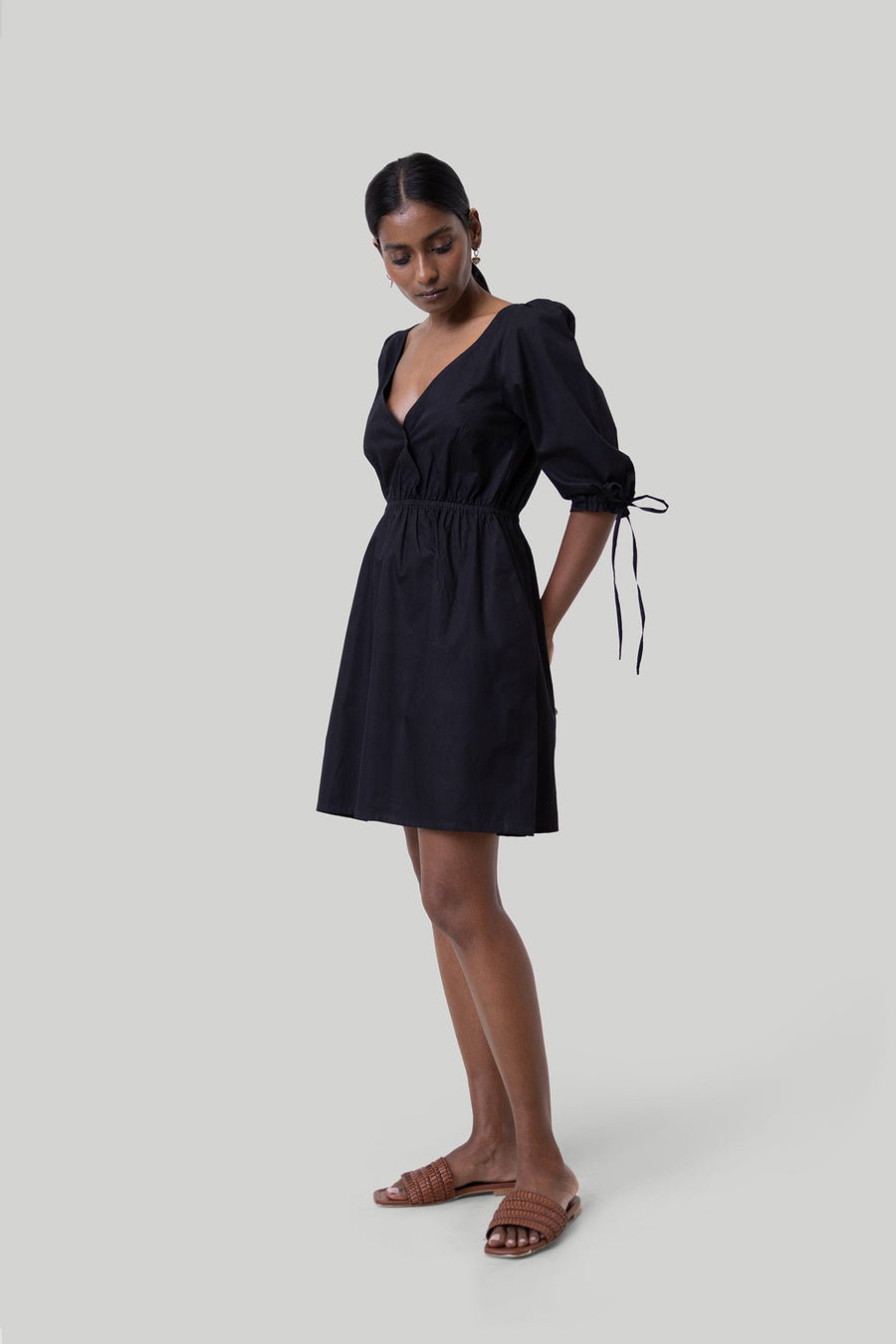 Gathered Elbow Sleeve Short Dress in Black | Color: Black | Size: XS