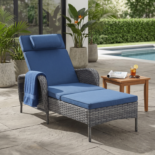 Outdoor Wicker Chaise Lounge – 5-Position, 500 LB Capacity, NTC Series - Mixed Grey Wicker / Blue Cushion
