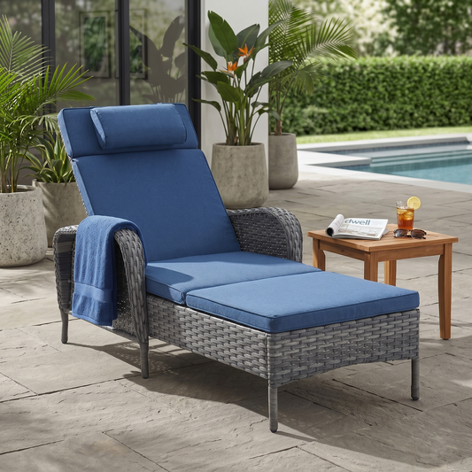 Outdoor Wicker Chaise Lounge – 5-Position, 500 LB Capacity, NTC Series - Mixed Grey Wicker / Blue Cushion