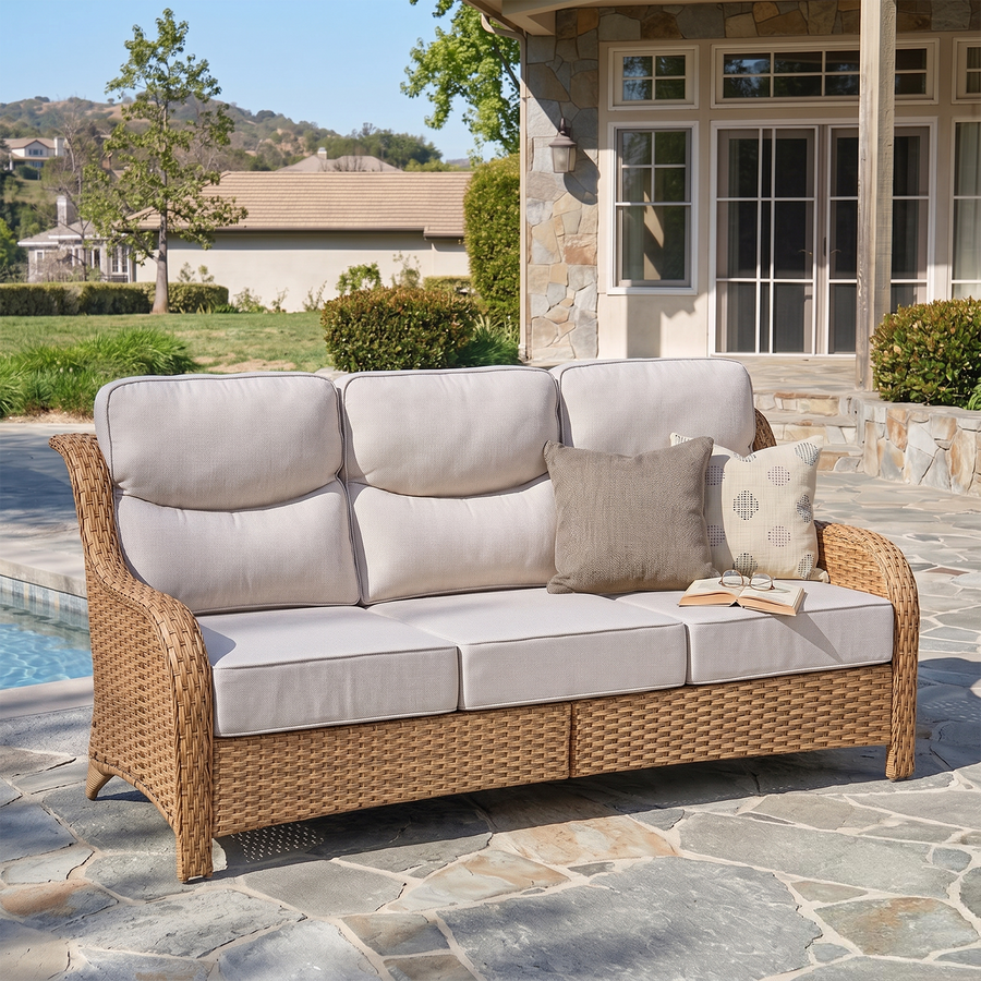Oversized 3-Seater Wicker Sofa, High Back & 6" Cushions, NT Series - Yellow Wicker / Beige Cushion