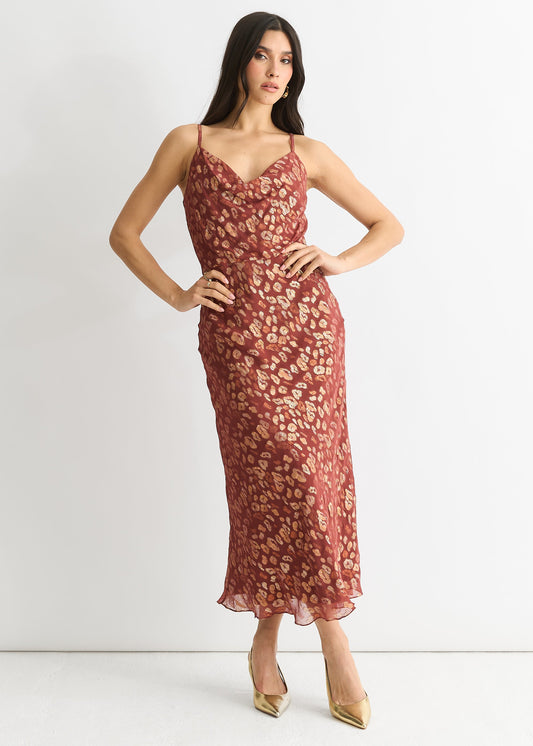 Brown Viscose Animal Jacquard Cowl Midi Dress