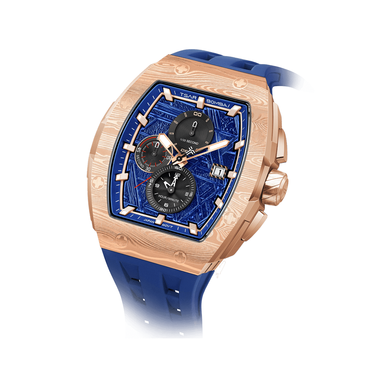 TSAR BOMBA Men's Quartz Chronograph Watch | Golden Blue | Stainless Steel Bezel & Case, Tonneau Luxury Design, 316L Stainless Steel, Sapphire Crystal,