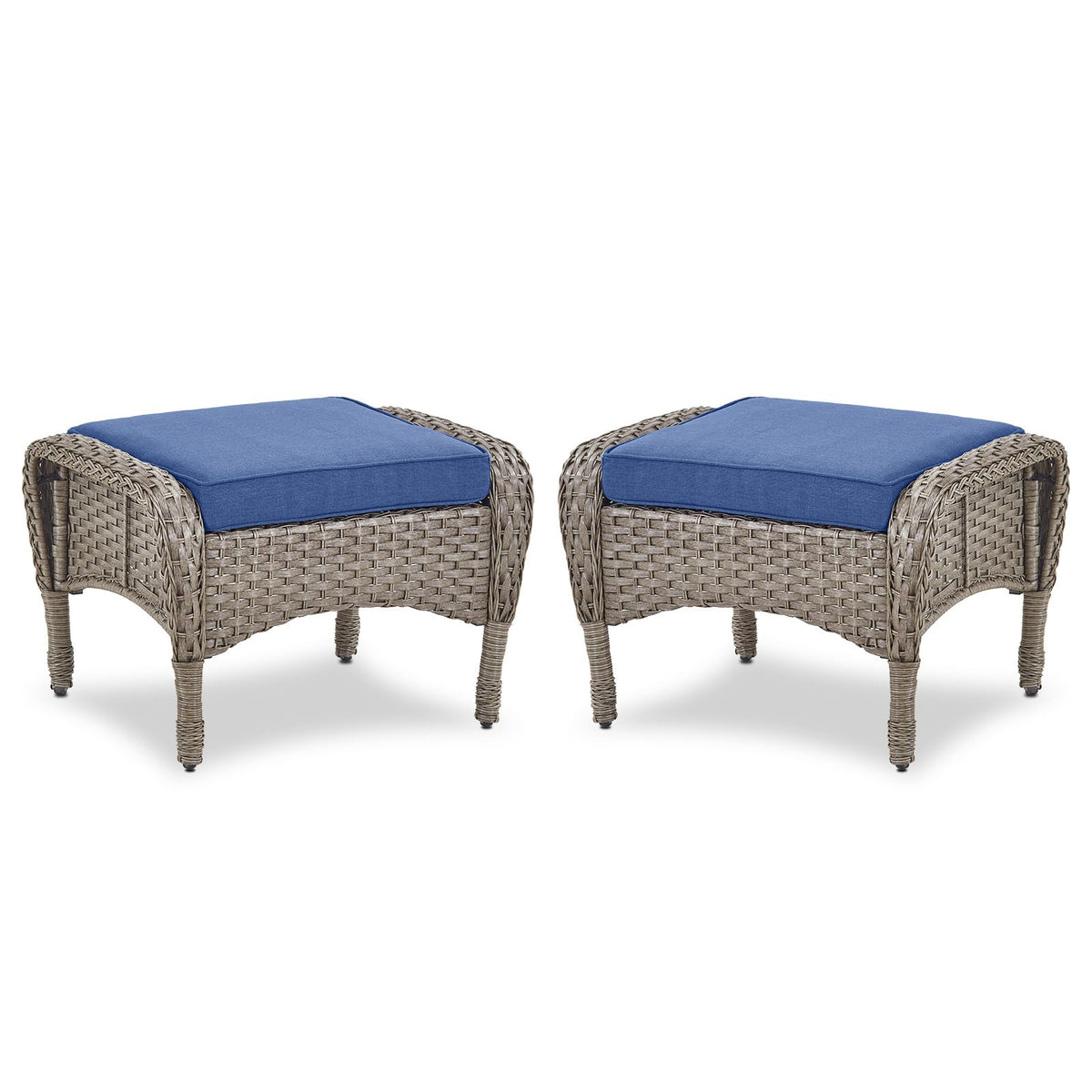 Outdoor Wicker Ottoman, NDS Series - Grey Wicker / Blue Cushion