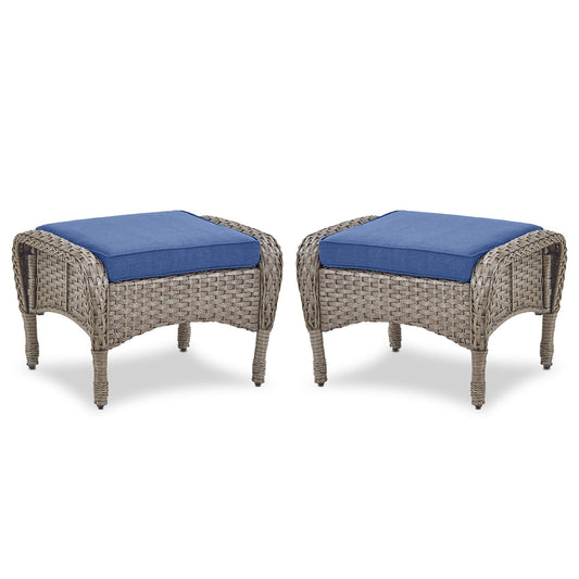 Outdoor Wicker Ottoman, NDS Series - Grey Wicker / Blue Cushion