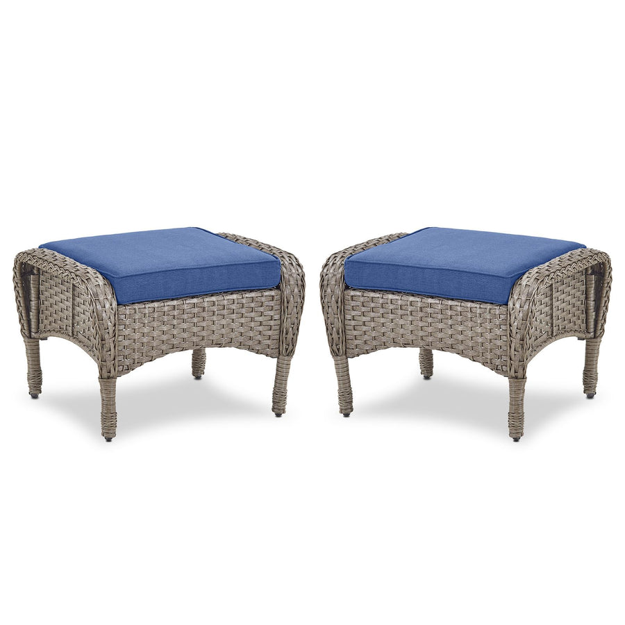 Outdoor Wicker Ottoman, NDS Series - Grey Wicker / Blue Cushion