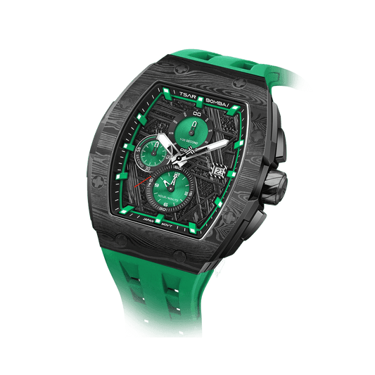 TSAR BOMBA Men's Quartz Chronograph Watch | Green | Stainless Steel Bezel & Case, Tonneau Luxury Design, 316L Stainless Steel, Sapphire Crystal, 5ATM 