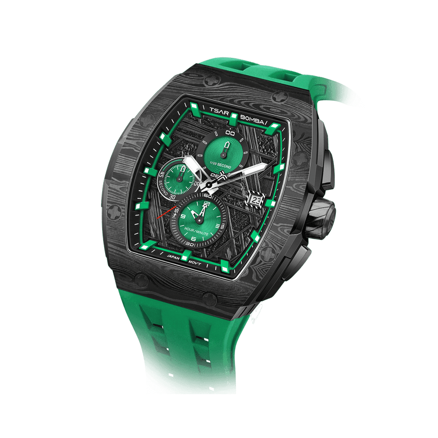 TSAR BOMBA Men's Quartz Chronograph Watch | Green | Stainless Steel Bezel & Case, Tonneau Luxury Design, 316L Stainless Steel, Sapphire Crystal, 5ATM 