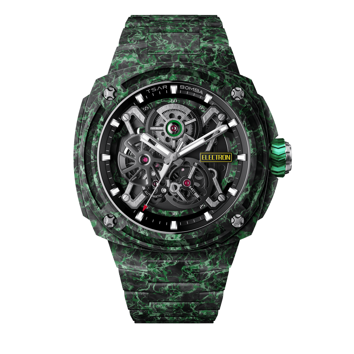 TSAR BOMBA Men's Carbon Fiber Automatic Watch | Skeleton Mechanical | Green | Electron Series | Seiko NH72 Movement | 10ATM Waterproof