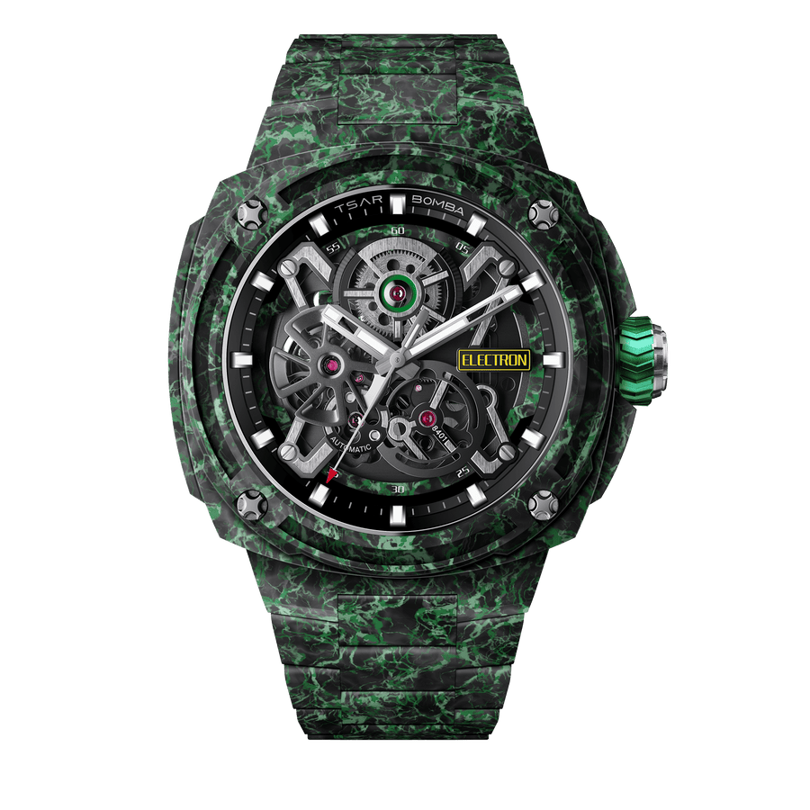 TSAR BOMBA Men's Carbon Fiber Automatic Watch | Skeleton Mechanical | Green | Electron Series | Seiko NH72 Movement | 10ATM Waterproof