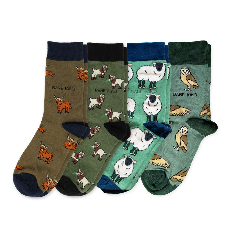 Green Farm Animals Bundle of 4 Bamboo Sock Set | UK Adult 7-11