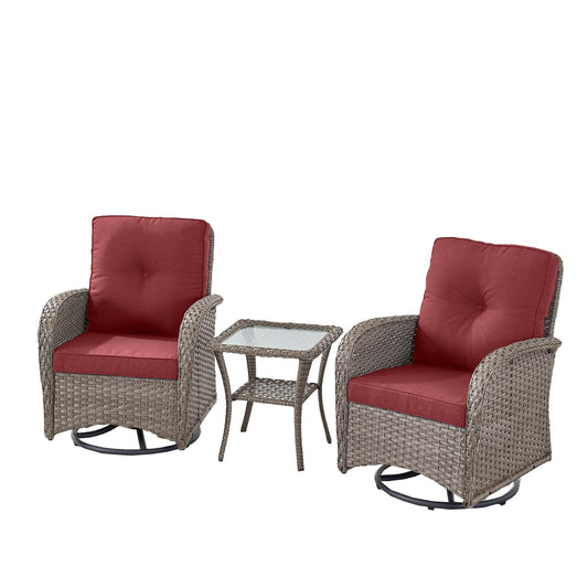 Swivel Glider Chairs Set with Side Table, NDS Series - Grey Wicker / Red Cushion