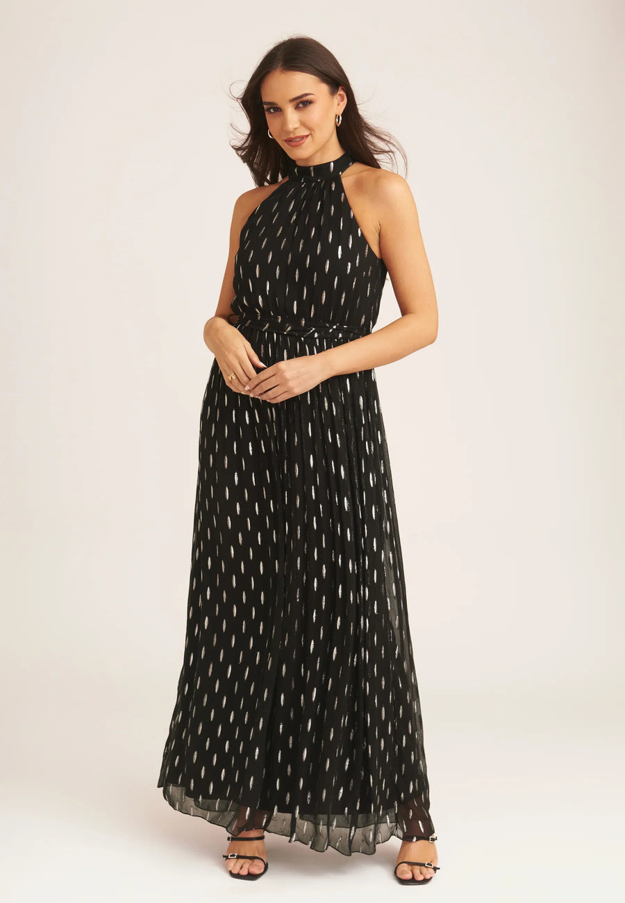 Black Jacquard Halter Neck Maxi Dress