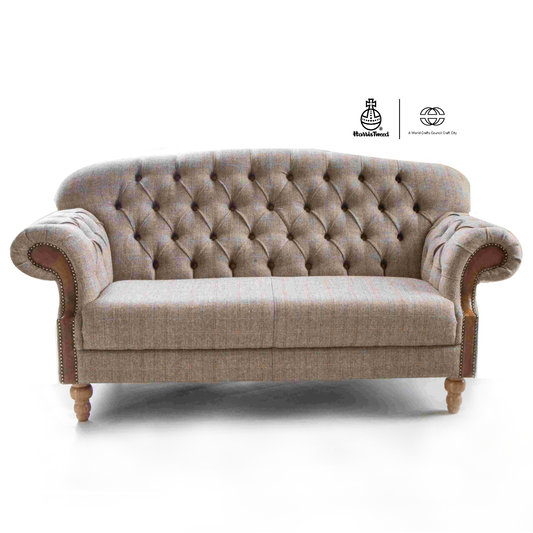 Haworth Buttoned Back Hunting Lodge Harris Tweed® & Brown Vintage Leather Sofa - Choice Of Sizes - 2 Seater Sofa