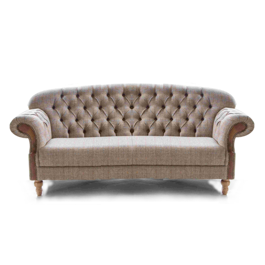 Haworth Buttoned Back Hunting Lodge Harris Tweed® & Brown Vintage Leather Sofa - Choice Of Sizes - 3 Seater Sofa