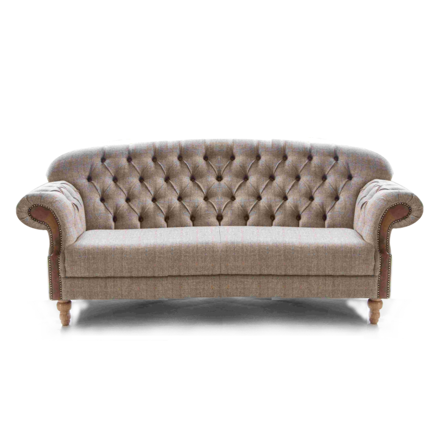Haworth Buttoned Back Hunting Lodge Harris Tweed® & Brown Vintage Leather Sofa - Choice Of Sizes - 3 Seater Sofa