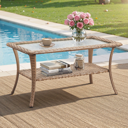 Outdoor Wicker Coffee Table with Glass Top Storage Shelf, NTC Series - Yellow Wicker