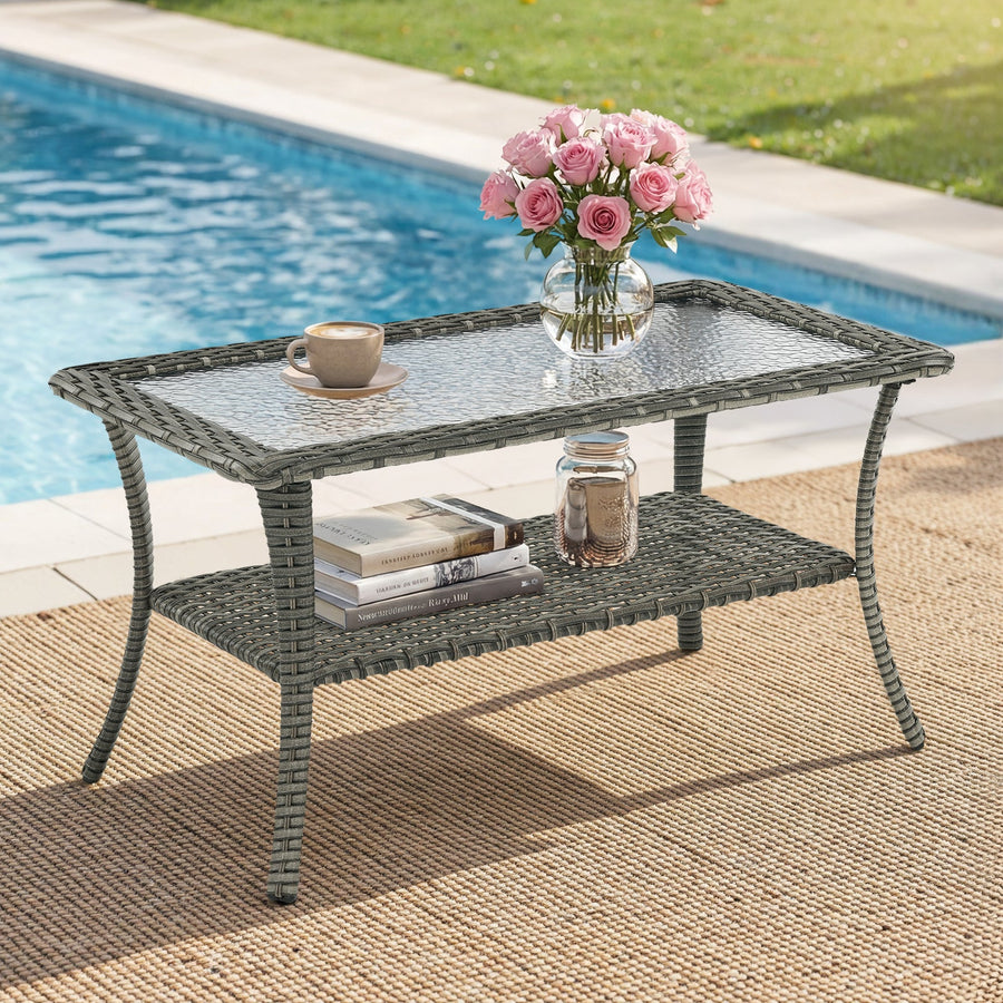 Outdoor Wicker Coffee Table with Glass Top Storage Shelf, NTC Series - Mixed Grey Wicker
