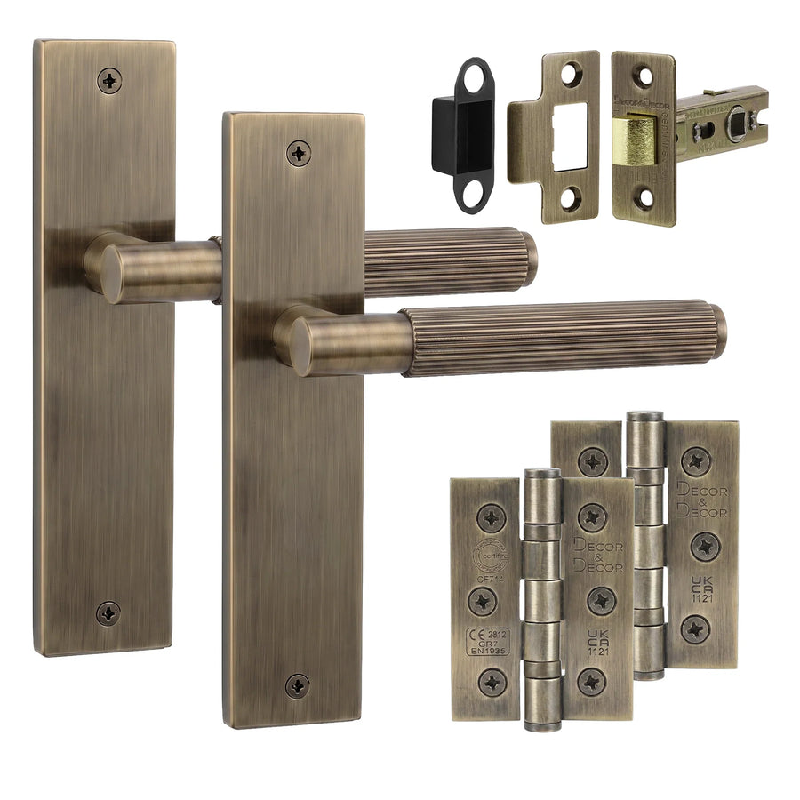 Hera Antique Brass Passage Door Lever Handles on Backplate - Hinge Kit 76mm