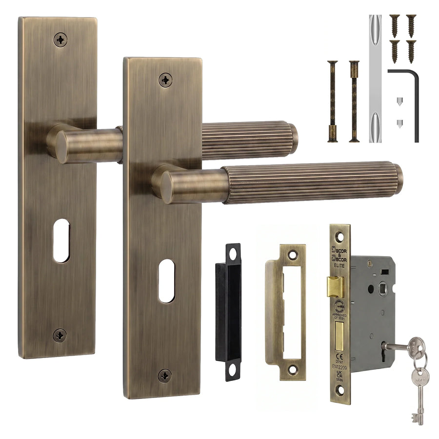 Hera Antique Brass Privacy Door Lever Handles on Backplate - Sash Lock Kit 64mm