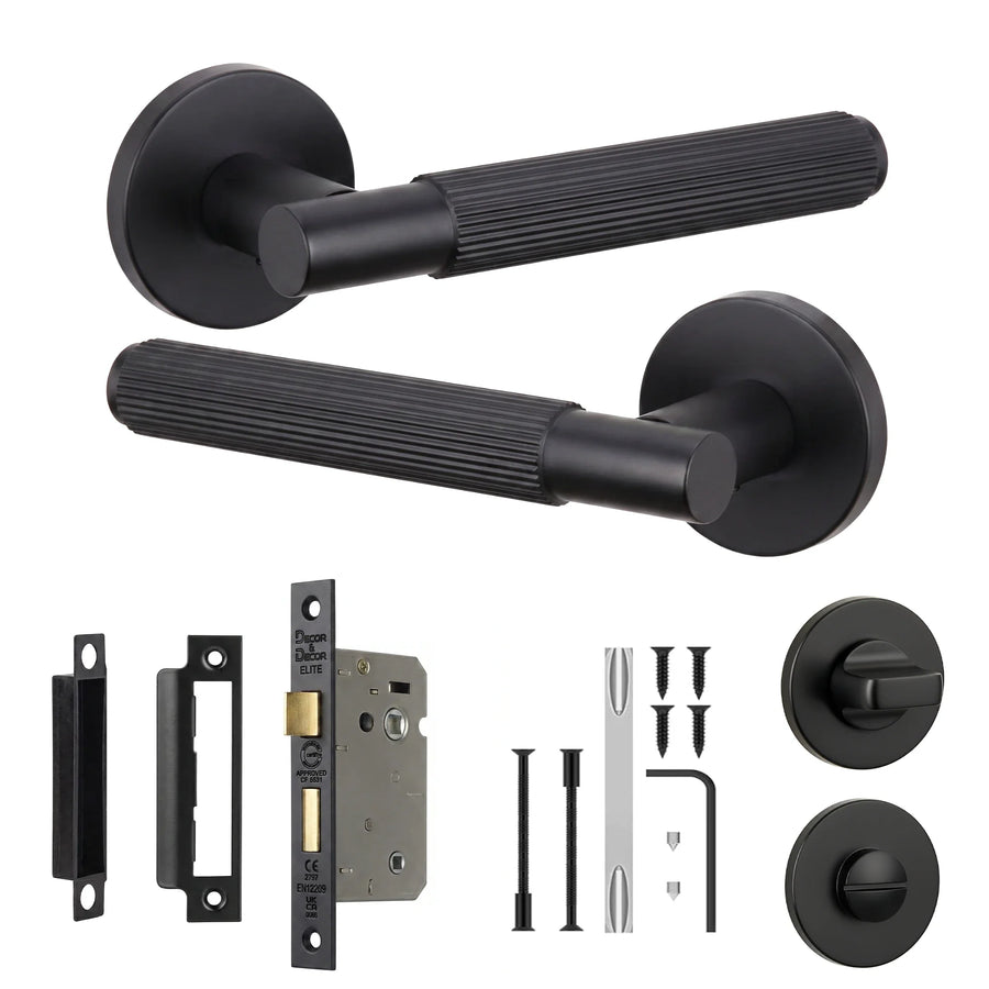 Hera Matt Black Bathroom Door Lever Handles - Bathroom Kit 64mm