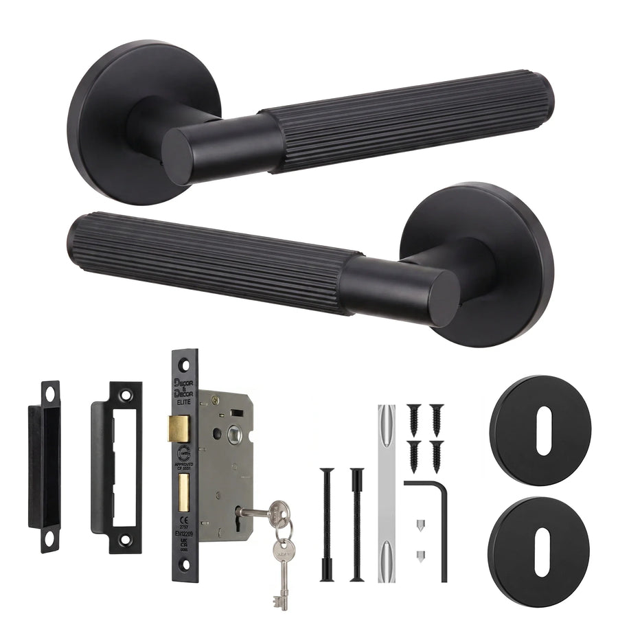 Hera Matt Black Privacy Door Lever Handles - Sash Lock Kit 64mm
