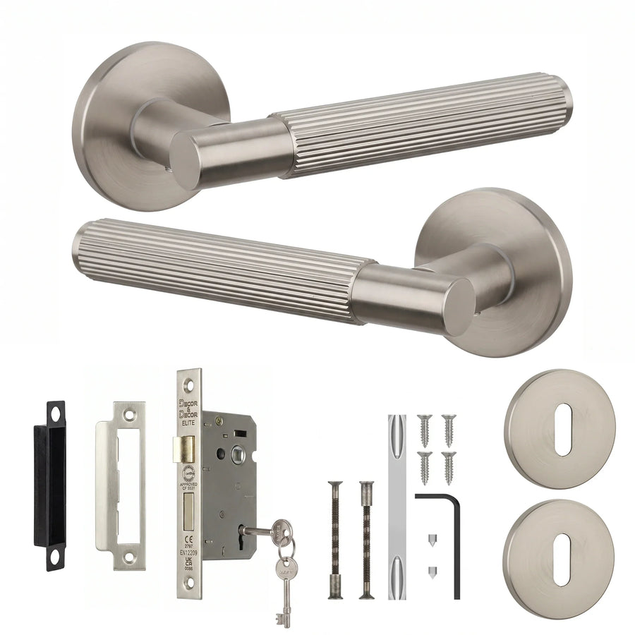 Hera Satin Nickel Privacy Door Lever Handles - Sash Lock Kit 64mm